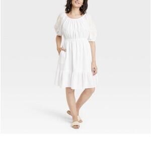 Knox Rose Peasant Dress Womens XXL White Floral Embroidered Cotton Blend Lined
